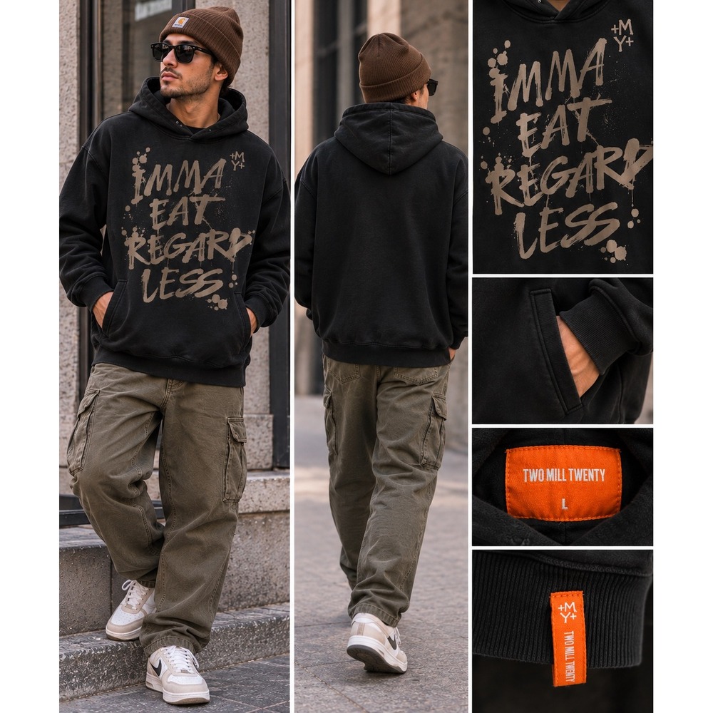 Two Mill Twenty Hoodie Mens L Black Imma Eat Regardless Graphic Streetwear